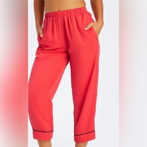 Fabletics Loungewear Sleep Pajama Crop Pants Red with Pockets Satin Feel NWOT S